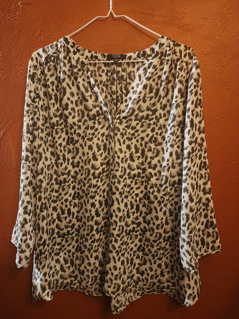 NYDJ Brown and White Leopard Print V-Neck Blouse